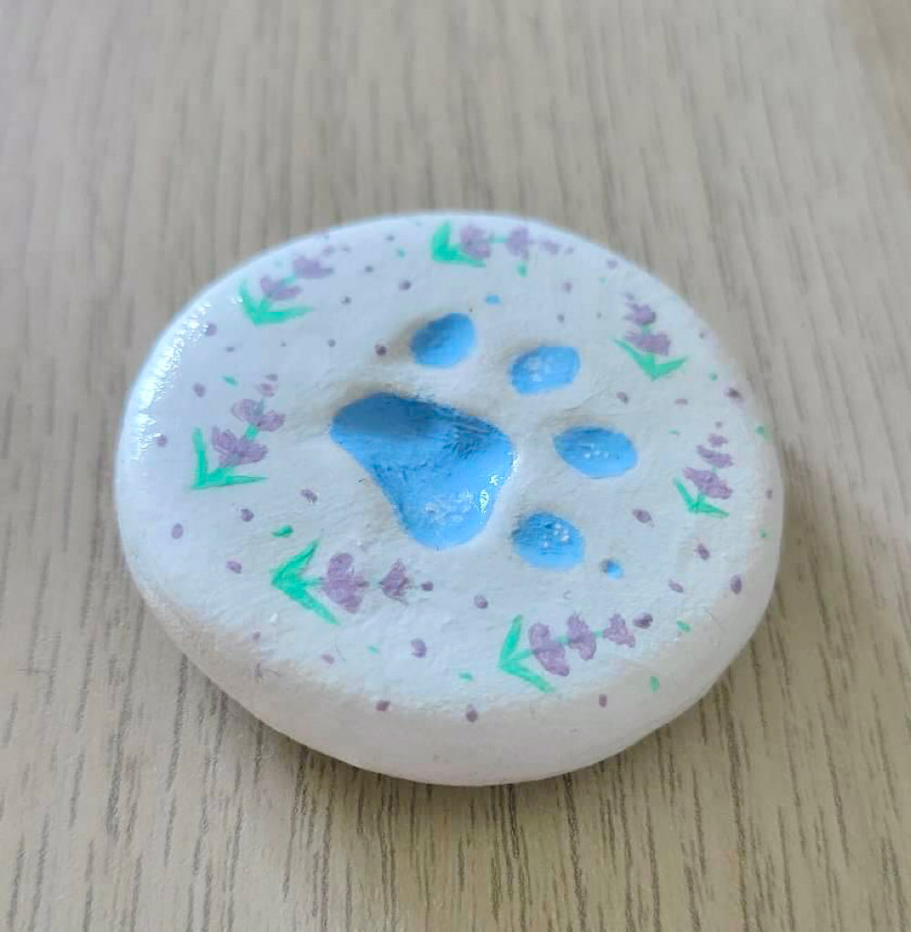 painted paw print with a blue paw and purple flowers around the outside edge