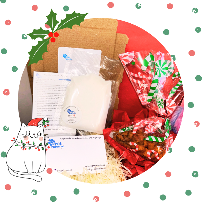 Cat paw print kit inside christmas cat gift box hamper