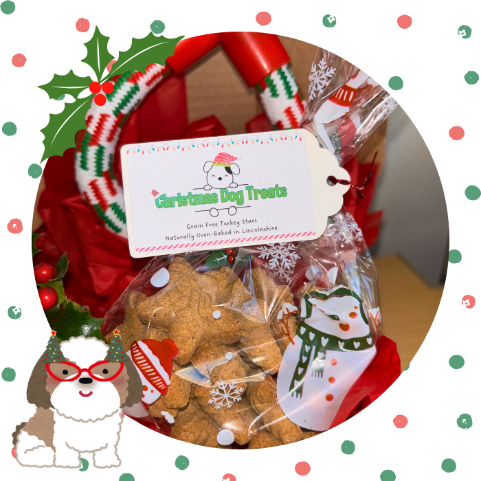 Christms dog treats, oven baked turkey stars inside the dog gift  hamper box