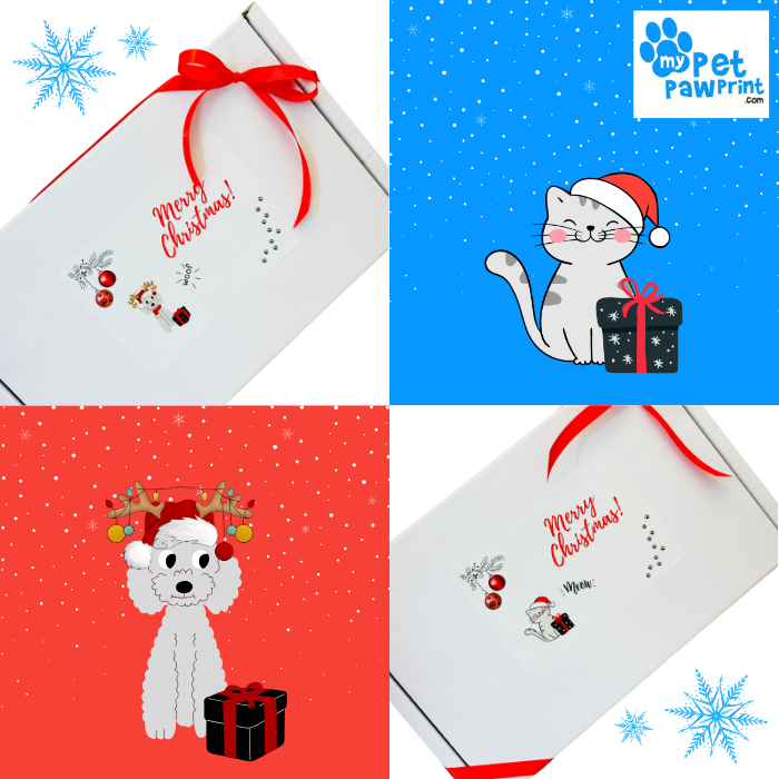 4 square collage showing closed Christmas dog and cat gift boxes with red ribbon and picture of cat and dog